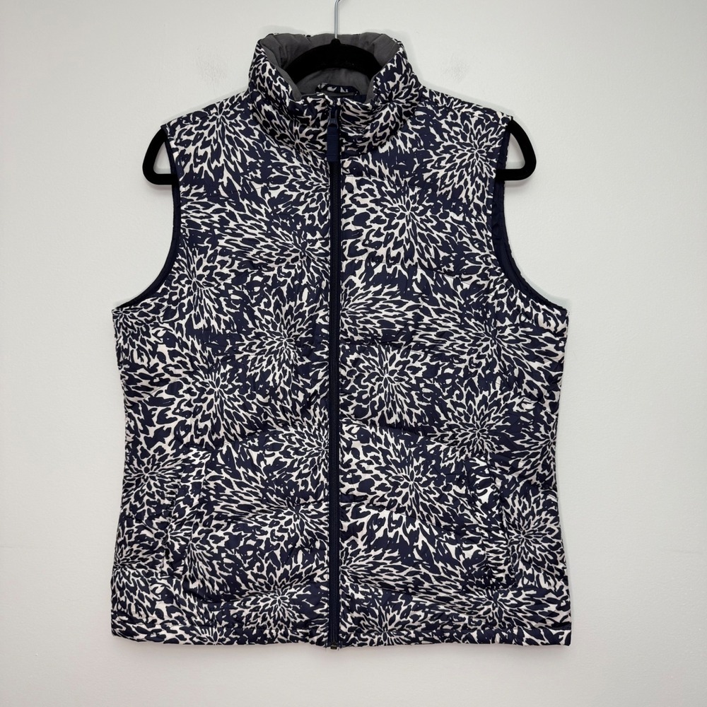 Lands End Womens Navy White Floral Down Filled Puffer Vest Size M 10-12